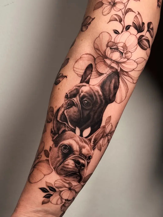Medium Black and Grey French Bulldog and Peonies Tattoo on Women Arm by @victoria.bischof.ttt