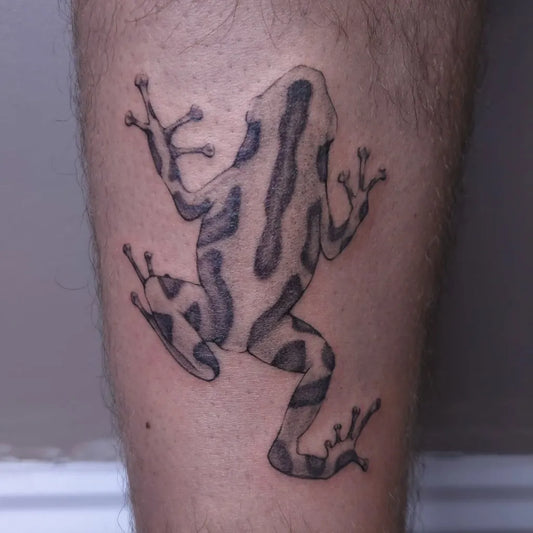 Medium Black and Grey Frog Tattoo on Men Leg by @tattoobyt