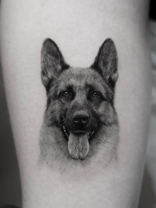 Medium Black and Grey German Shepherd Dog Tattoo on Women Thigh by @ben_tats