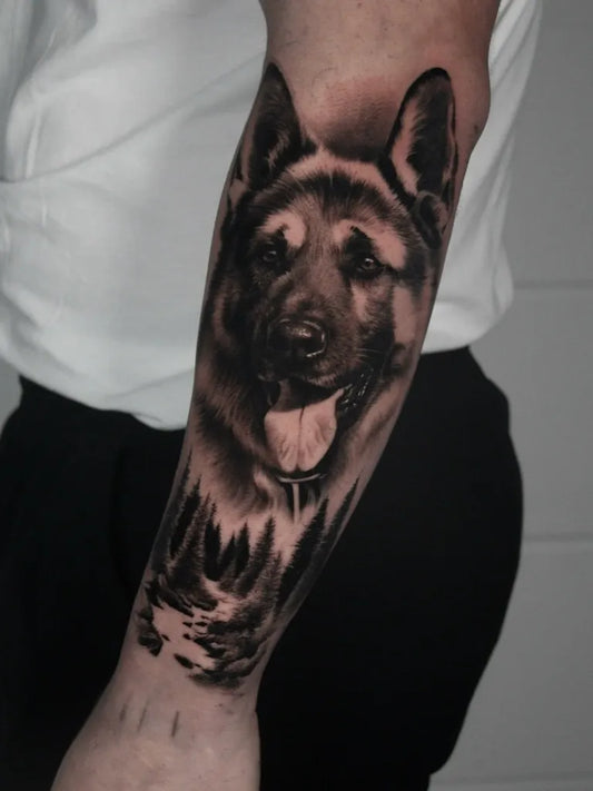Medium Black and Grey German Shepherd with Forest Tattoo on Men Arm by @bradktattoo