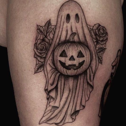 Medium Black and Grey Ghost Pumpkin Roses Tattoo on Men Arm by @artbysarasobo