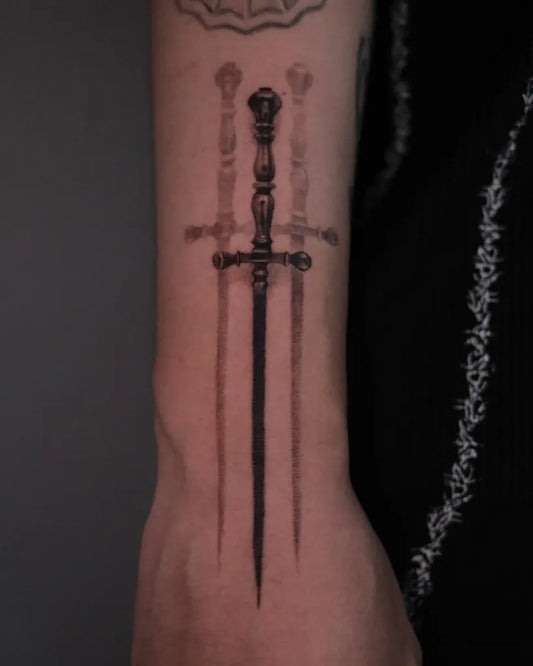 Medium Black and Grey Ghost Swords on Women Wrist Tattoo by @christ_1nk