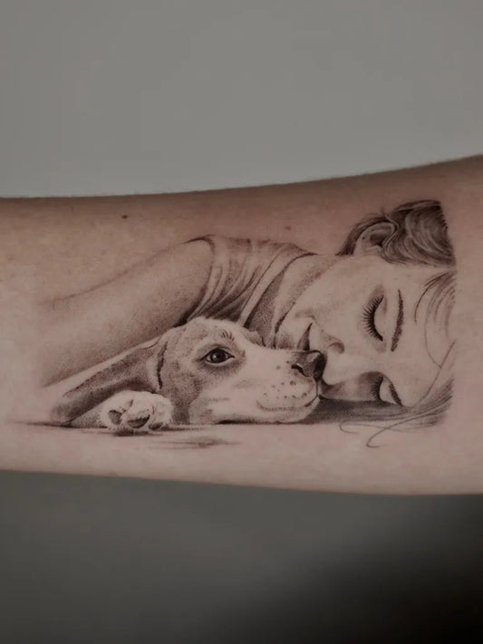 Medium Black and Grey Girl and Dog Tattoo on Women Arm by @kintintattoo