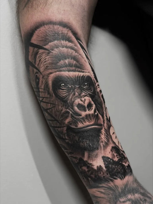 Medium Black and Grey Gorilla Tattoo on Men Arm by @ccquid