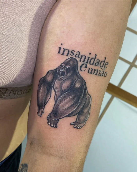 Medium Black and Grey Gorilla Tattoo on Women Arm by @hs.ink