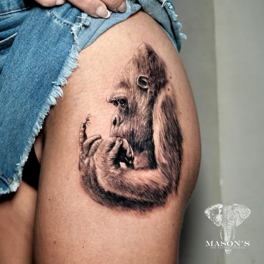 Medium Black and Grey Gorilla Tattoo on Women Thigh by @masonsinkstudio_bali