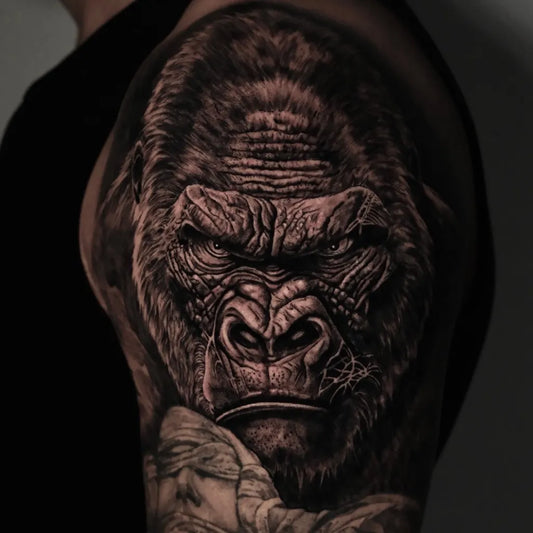 Medium Black and Grey Gorilla and Angel Tattoo on Men Arm by @tezytattoo