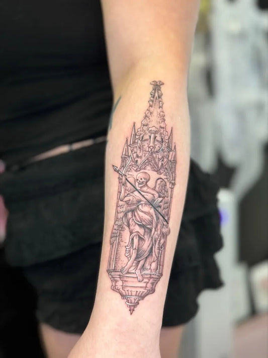 Medium Black and Grey Gothic Cathedral with Skeleton Figures Tattoo on Women Arm by @liii.ink