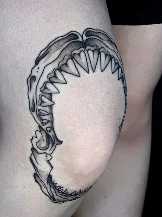 Medium Black and Grey Great White Shark Jaw on Women Knee Tattoo by @late.antiquity