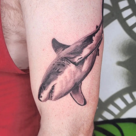 Medium Black and Grey Great White Shark on Men Arm Tattoo by @lwoodstattoo