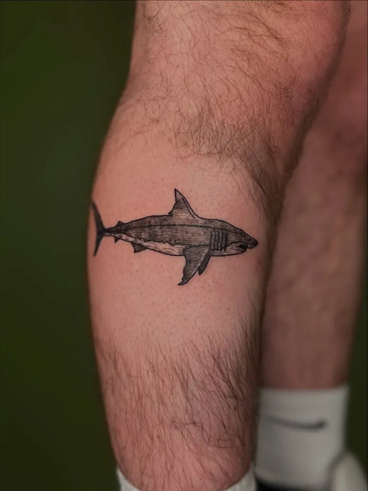 Medium Black and Grey Great White Shark on Men Leg Tattoo by @tapiotats
