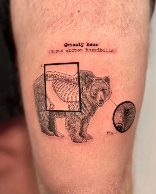 Medium Black and Grey Grizzly Bear with Skeleton on Men Arm Tattoo by @robbee.ink