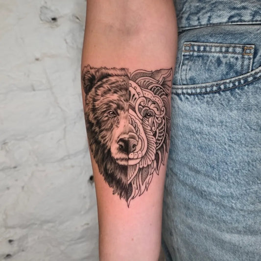 Medium Black and Grey Half Bear with Mandala on Women Arm Tattoo by @kellybrowntattoos