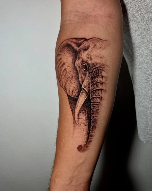 Medium Black and Grey Half Elephant Tattoo on Men Arm by @xsjunior