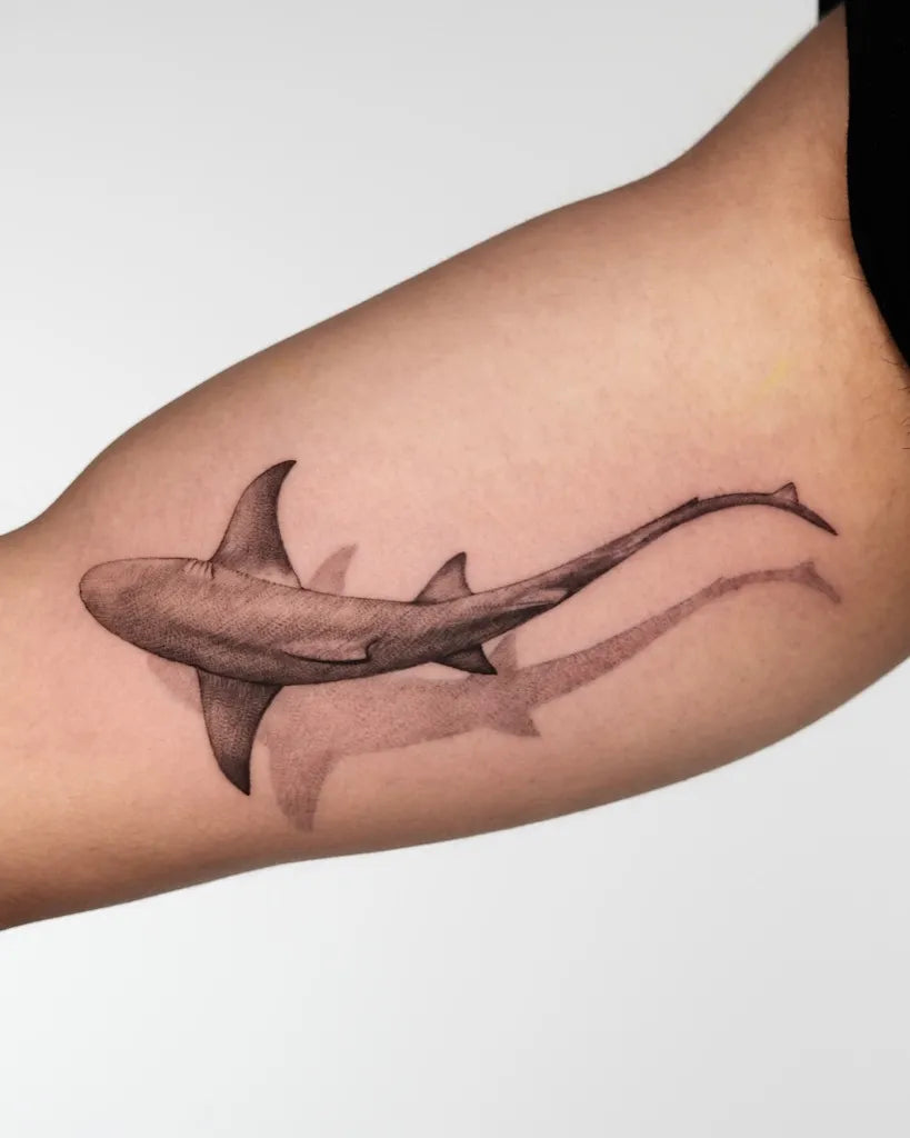 Medium Black and Grey Hammerhead Shark on Men Arm Tattoo by @sana.ink