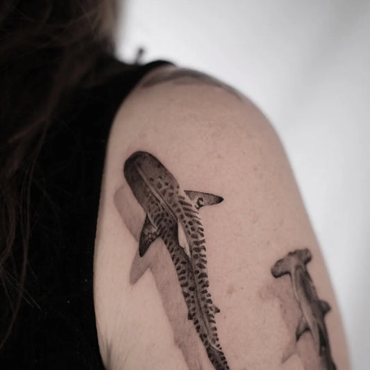 Medium Black and Grey Hammerhead Shark on Women Shoulder Tattoo by @szilvia.tattoo
