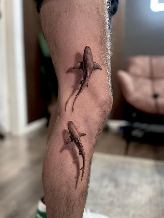 Medium Black and Grey Hammerhead Sharks on Men Leg Tattoo by @yuda_tattoo