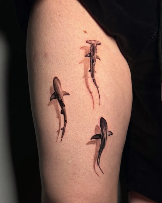 Medium Black and Grey Hammerhead Sharks on Men Thigh Tattoo by @rayantattoo