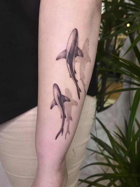 Medium Black and Grey Hammerhead Sharks with Shadows on Women Arm Tattoo by @rekart.ink