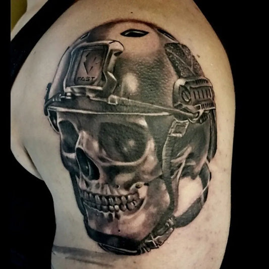 Medium Black and Grey Helmeted Skull Military Tattoo on Men Shoulder by @frank_alchemistink