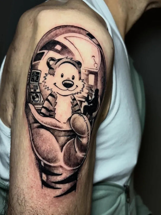 Medium Black and Grey Hobbes in Snowglobe Tattoo on Men Arm by @cris__ink