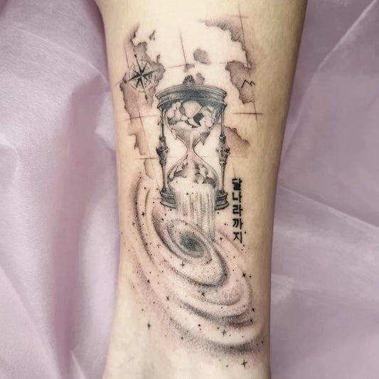 Medium Black and Grey Hourglass Black Hole Tattoo on Women Leg by @supersweettattoo