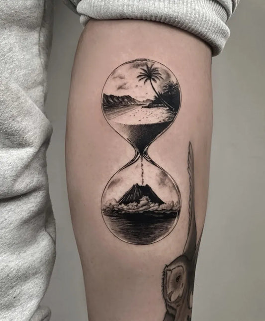 Medium Black and Grey Hourglass Landscape Tattoo on Men Arm by @lenkainkart