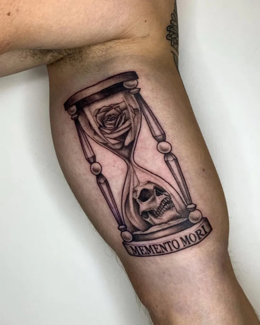 Medium Black and Grey Hourglass Memento Mori on Men Arm Tattoo by @hannablackbird