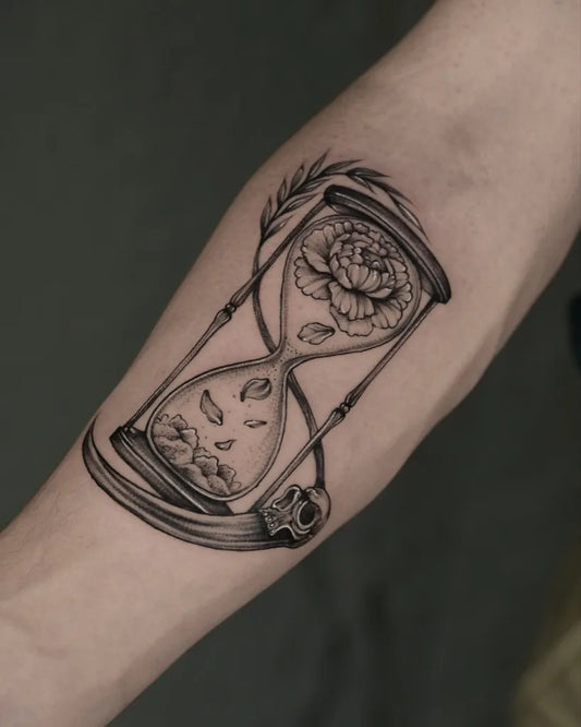 Medium Black and Grey Hourglass Peony Skull Tattoo on Women Forearm by @samtattooindia