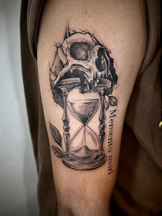 Medium Black and Grey Hourglass Skull Tattoo on Men Arm by @tattoobytran