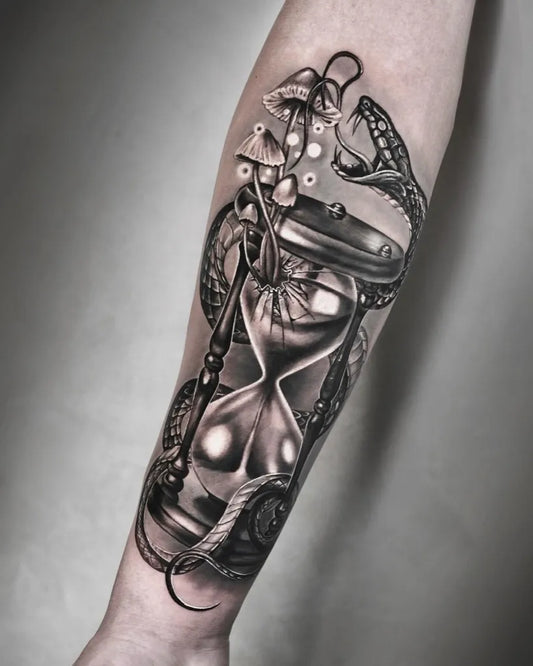 Medium Black and Grey Hourglass Snake Mushrooms Tattoo on Men Arm by @danko_realism