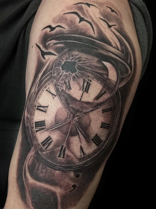 Medium Black and Grey Hourglass and Birds Tattoo on Men Arm by @200_tattoo