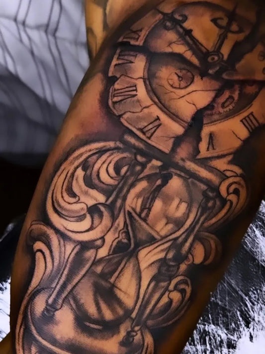 Medium Black and Grey Hourglass and Clock Tattoo on Men Arm by @miley_smiley.tattoos