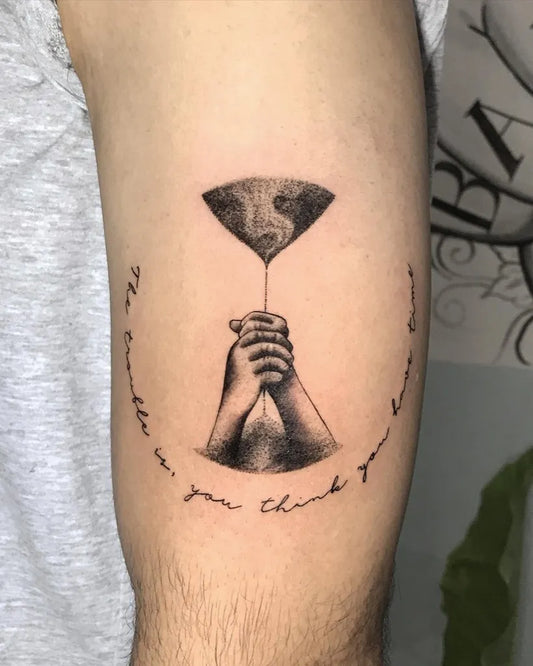 Medium Black and Grey Hourglass with Praying Hands Tattoo on Men Arm by @yantinotattoo_ubud