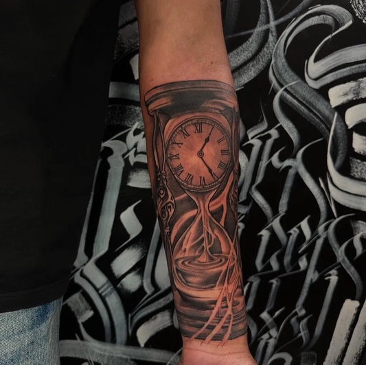 Medium Black and Grey Hourglass with Sand Tattoo on Men Forearm by @brandoncporter