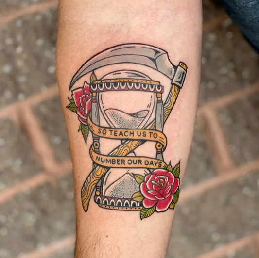 Medium Black and Grey Hourglass with Scythe and Roses Tattoo on Men Arm by @artbyacosta