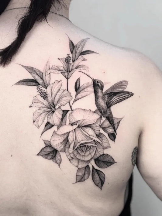 Medium Black and Grey Hummingbird Flowers on Women Shoulder Tattoo by @brittnaami