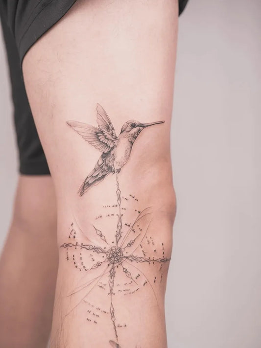Medium Black and Grey Hummingbird and Mandala on Women Thigh Tattoo by @leo.6tattoo