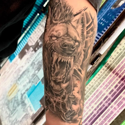 Medium Black and Grey Hyena Animal Tattoo on Men Arm by @hj_tattoos