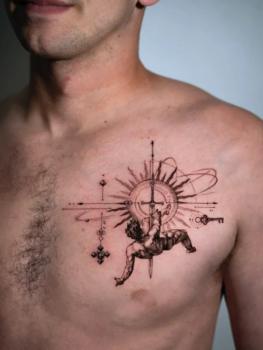 Medium Black and Grey Icarus Sun Compass on Men Chest Tattoo by @hami_shin