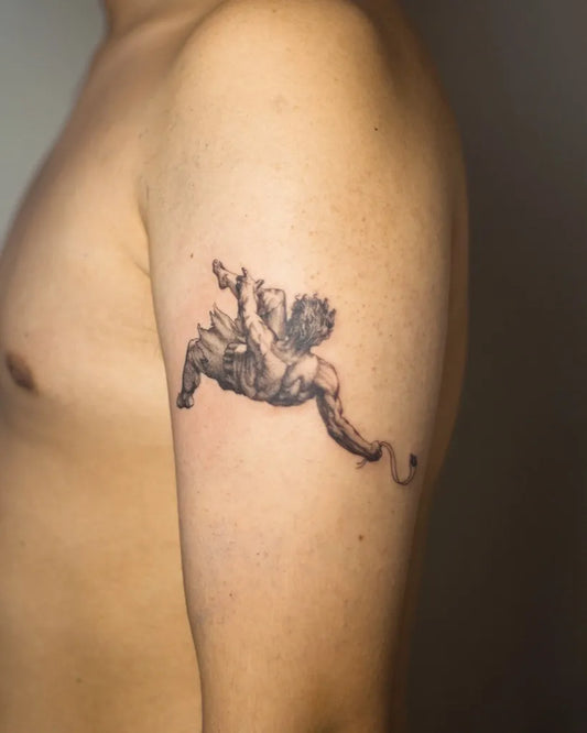 Medium Black and Grey Icarus on Men Arm Tattoo by @skye.tattoostudio