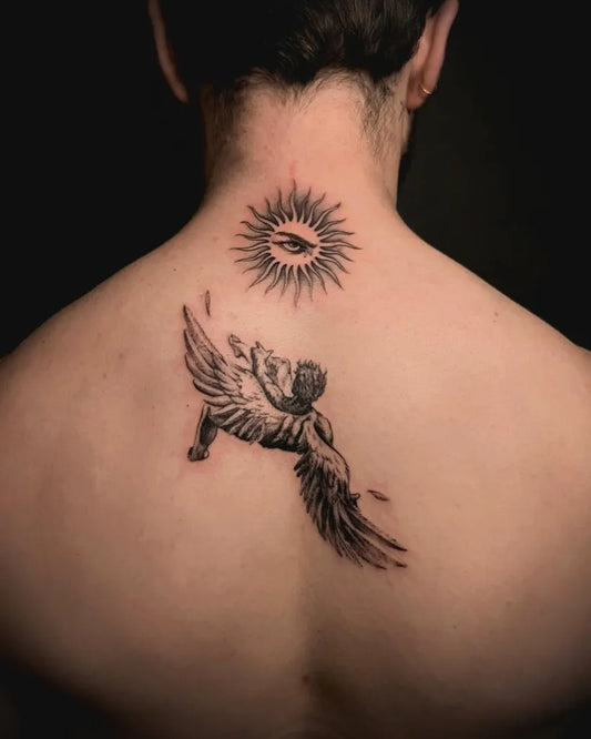 Medium Black and Grey Icarus with Sun and Wings on Men Back Tattoo by @86.inked