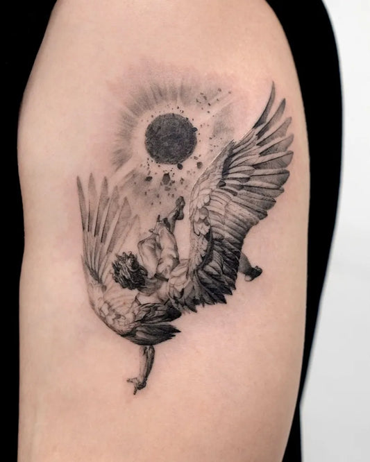 Medium Black and Grey Icarus with Sun and Wings on Men on Upper Arm Tattoo by @start.your.line