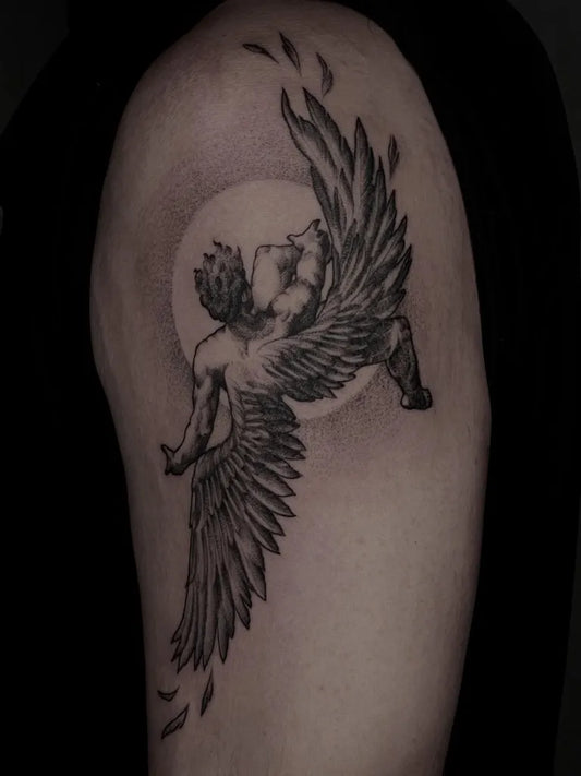 Medium Black and Grey Icarus with Wings and Moon on Men Arm Tattoo by @ayp.nia