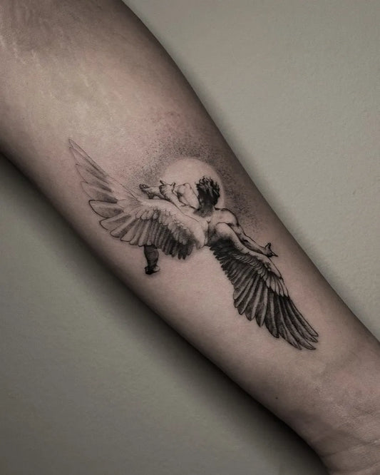 Medium Black and Grey Icarus with Wings and Moon on Men Arm Tattoo by @dandrew_ink