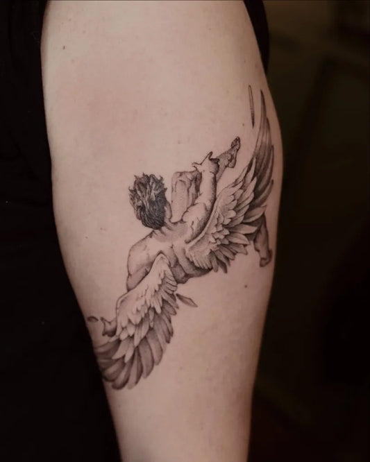 Medium Black and Grey Icarus with Wings on Men Arm Tattoo by @ale.tattooart