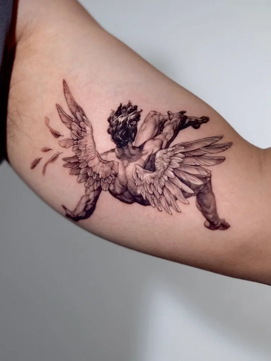 Medium Black and Grey Icarus with Wings on Men Arm Tattoo by @comma_ttt