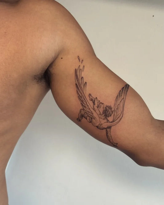 Medium Black and Grey Icarus with Wings on Men Arm Tattoo by @lucasbmsoares