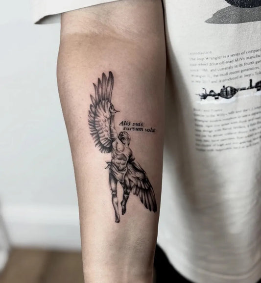 Medium Black and Grey Icarus with Wings on Men Arm Tattoo by @morgs_ryot