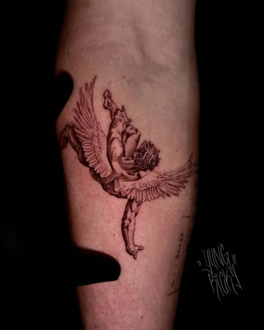 Medium Black and Grey Icarus with Wings on Men Arm Tattoo by @yungrickyromeo